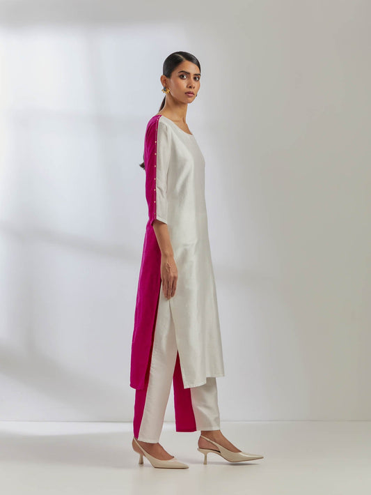 White/Pink Raw Silk Half And Half Kurta And Palazzo (Set Of 2) - The Indian Cause