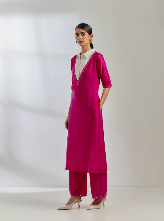 Pink Raw Silk Collared Kurta With Pink Palazzo (Set Of 2) - The Indian Cause